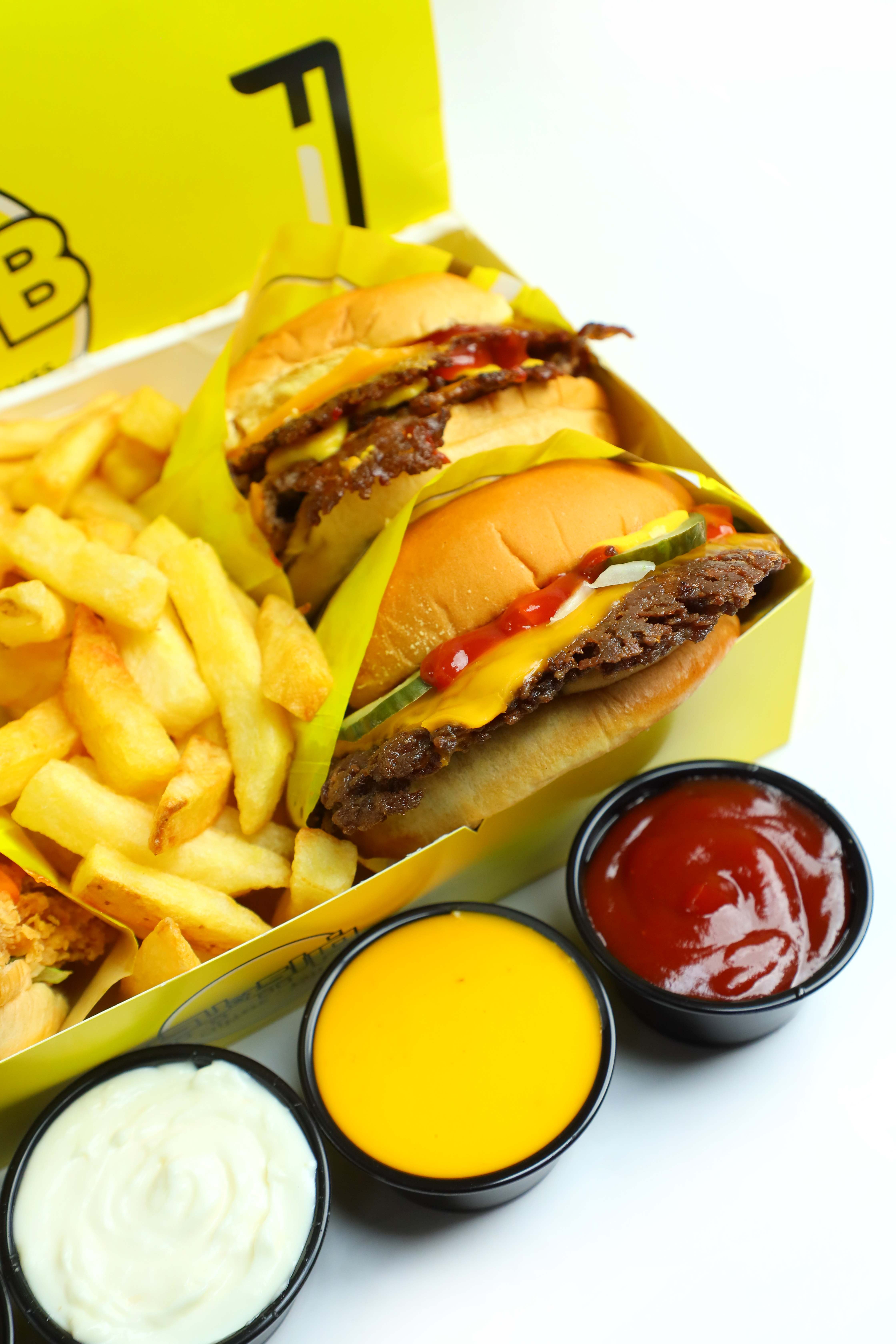 FryB smashed burgers with fries and sauces